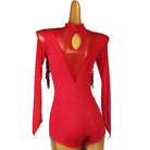Latin Dance Leotard Sequin Fringe Mesh Long Sleeve Bodysuit in Red, back view