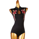 Latin Dance Leotard Mandarin Collar Rose Embroidered Bodysuit in Black, front view
