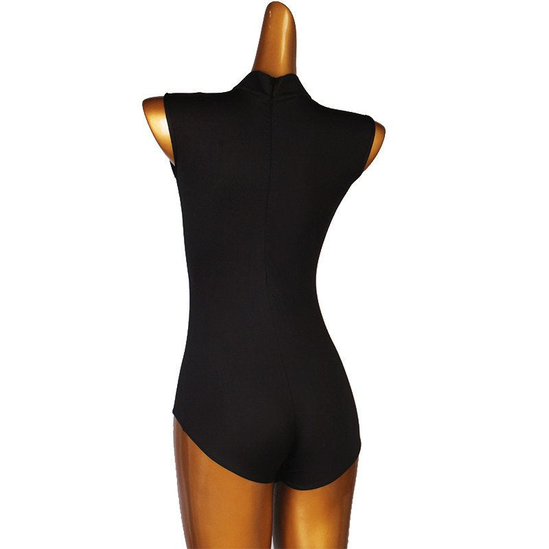 Latin Dance Leotard Mandarin Collar Rose Embroidered Bodysuit in Black, back view