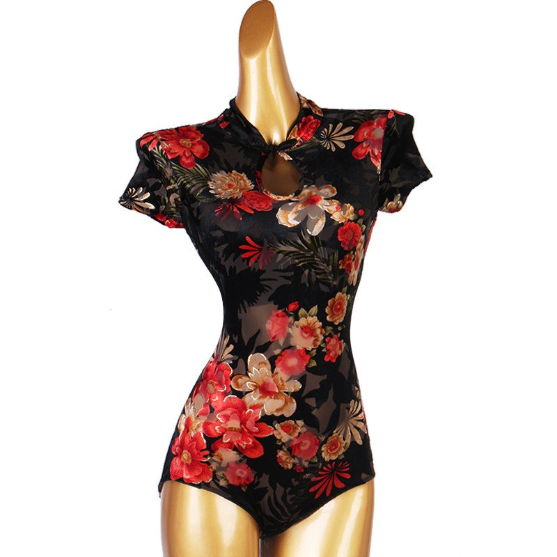 Latin Dance Leotard Floral Burnout Mandarin Collar Bodysuit in Red Floral, front view