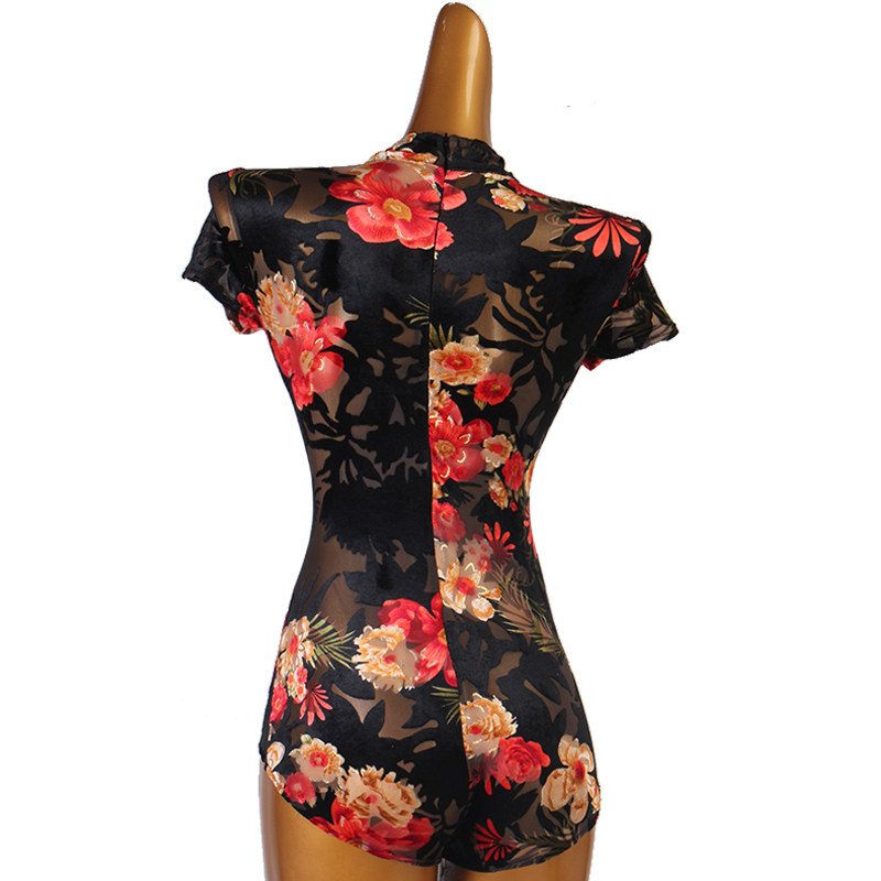 Latin Dance Leotard Floral Burnout Mandarin Collar Bodysuit in Red Floral, back view