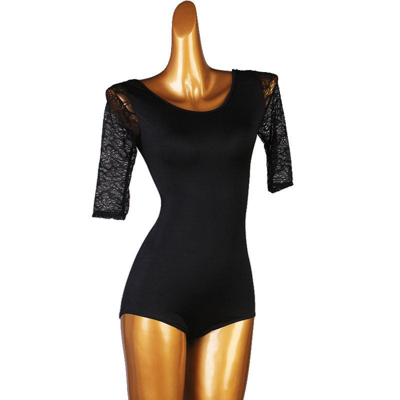 Latin Dance Leotard Lace Half Sleeve Butterfly Back Bodysuit in Black, front view