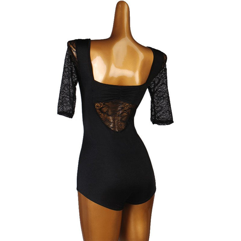 Latin Dance Leotard Lace Half Sleeve Butterfly Back Bodysuit in Black, back view