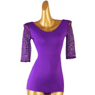Latin Dance Leotard Lace Half Sleeve Butterfly Back Bodysuit in Purple, front view