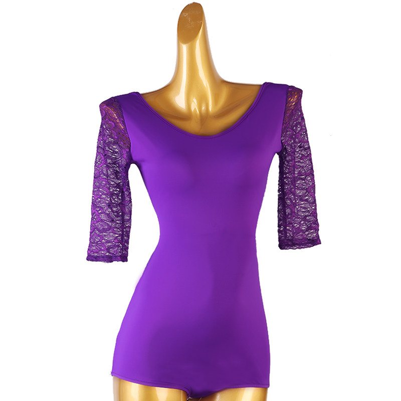 Latin Dance Leotard Lace Half Sleeve Butterfly Back Bodysuit in Purple, front view