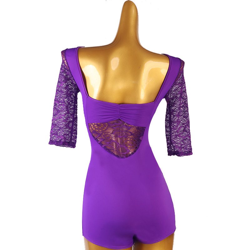 Latin Dance Leotard Lace Half Sleeve Butterfly Back Bodysuit in Purple, back view