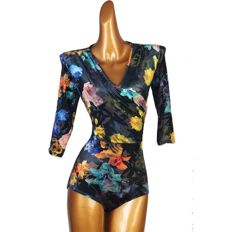 Latin Dance Leotard Floral Wrap V-Neck Dance Bodysuit in Blue Floral, front view