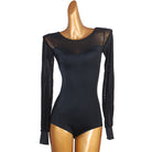 Latin Dance Leotard Sheer Mesh Yoke Long Sleeve Bodysuit in Black, front view