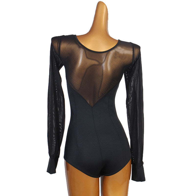 Latin Dance Leotard Sheer Mesh Yoke Long Sleeve Bodysuit in Black, back view