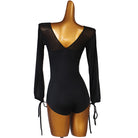 Latin Dance Leotard Deep V Ruched Pearl Button Mesh Bodysuit in Black, back view