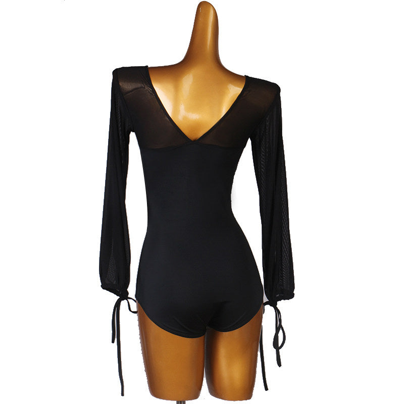 Latin Dance Leotard Deep V Ruched Pearl Button Mesh Bodysuit in Black, back view