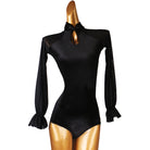 Latin Dance Leotard Velvet Mandarin Collar Lace Up Back Bodysuit in Black, front view
