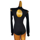 Latin Dance Leotard Mock Neck Sheer Waist Puff Sleeve Bodysuit in Black, back view