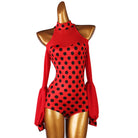 Latin Dance Leotard Polka Dot Halter Cold Shoulder Bodysuit in Red, front view