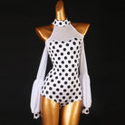 Latin Dance Leotard Polka Dot Halter Cold Shoulder Bodysuit in White, front view