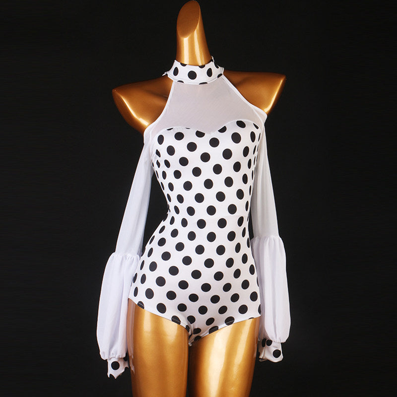 Latin Dance Leotard Polka Dot Halter Cold Shoulder Bodysuit in White, front view