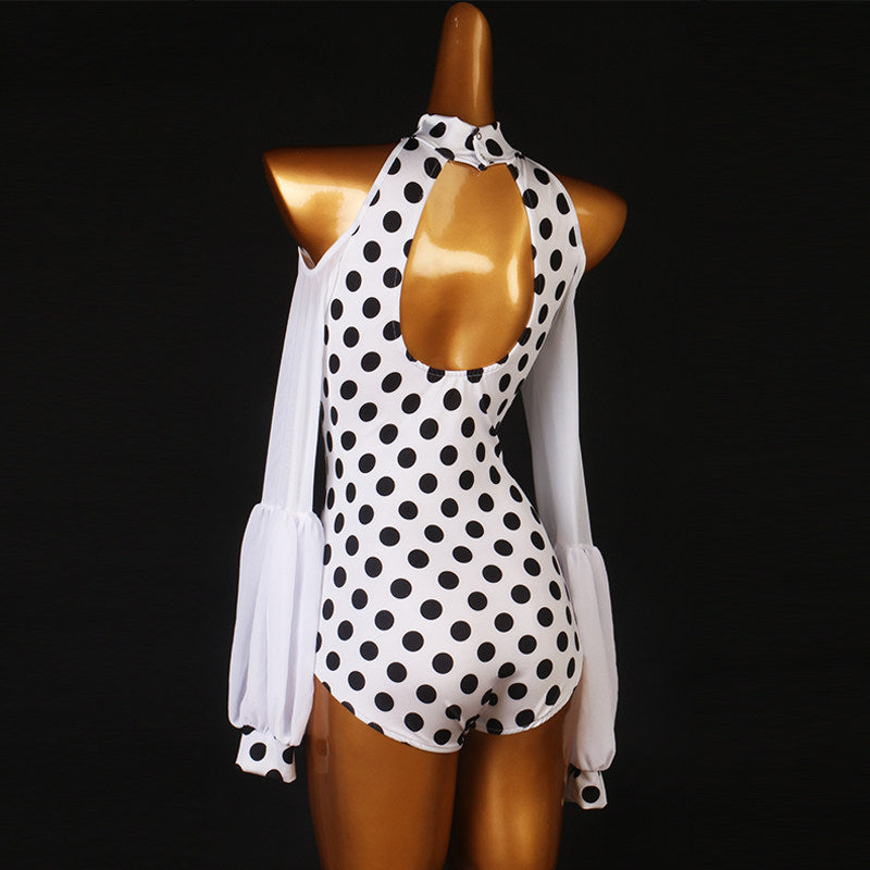 Latin Dance Leotard Polka Dot Halter Cold Shoulder Bodysuit in White, back view