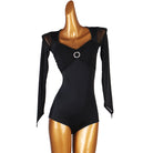 Latin Dance Leotard Rhinestone Ring Ruched Sweetheart Bodysuit in Black, front view