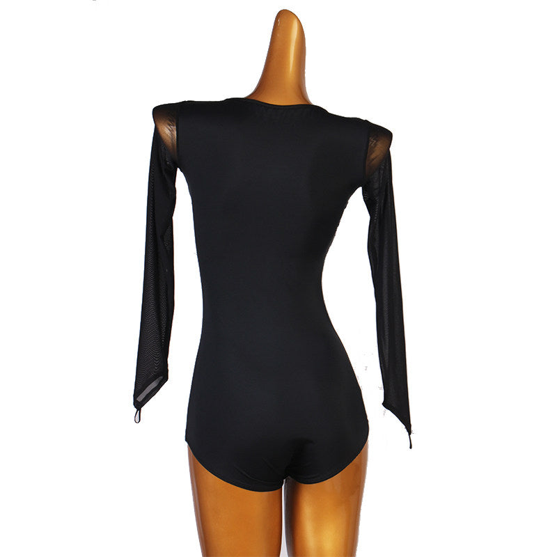 Latin Dance Leotard Rhinestone Ring Ruched Sweetheart Bodysuit in Black, back view