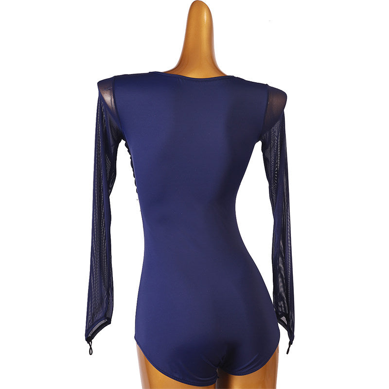 Latin Dance Leotard Rhinestone Ring Ruched Sweetheart Bodysuit in Navy, back view