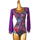 Latin Dance Leotard Leopard Rose Print Long Sleeve Bodysuit in Purple Leopard, front view