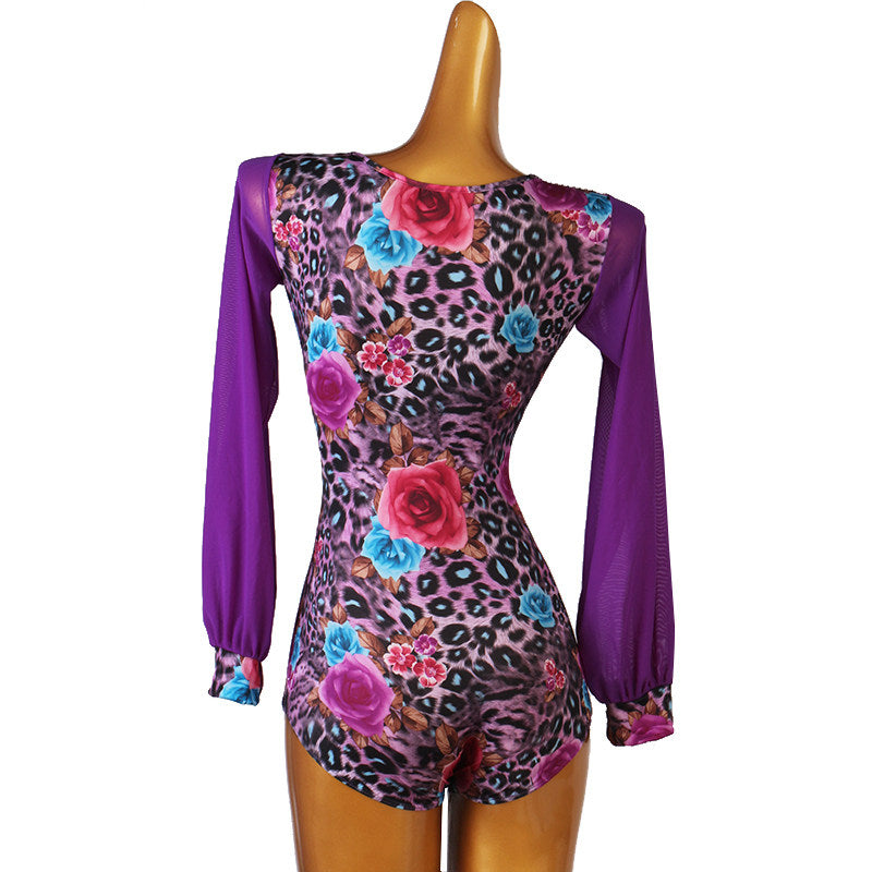Latin Dance Leotard Leopard Rose Print Long Sleeve Bodysuit in Purple Leopard, back view