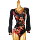 Latin Dance Leotard Sheer Floral Velvet Bishop Sleeve Bodysuit in Black Floral, front view
