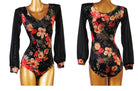 Latin Dance Leotard Sheer Floral Velvet Bishop Sleeve Bodysuit in Black Floral, front and back view