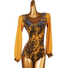 Latin Dance Leotard Sheer Floral Velvet Bishop Sleeve Bodysuit in Mustard Floral, front view