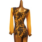 Latin Dance Leotard Sheer Floral Velvet Bishop Sleeve Bodysuit in Mustard Floral, back view