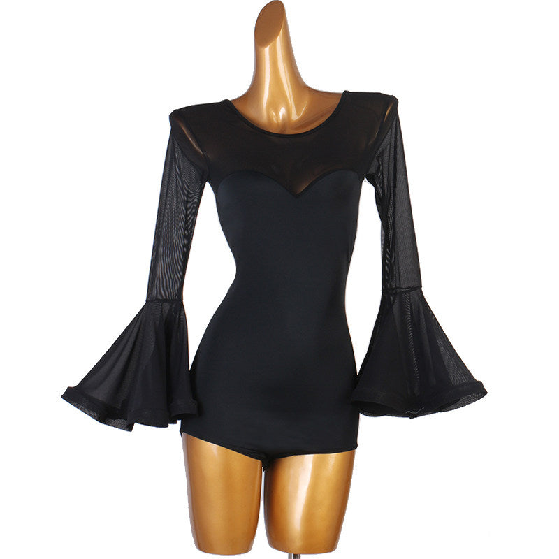 Latin Dance Leotard Polka Dot Chiffon Bell Sleeve Bodysuit in Black, front view