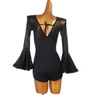 Latin Dance Leotard Polka Dot Chiffon Bell Sleeve Bodysuit in Black, back view