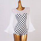 Latin Dance Leotard Polka Dot Chiffon Bell Sleeve Bodysuit in White Polka Dot, front view