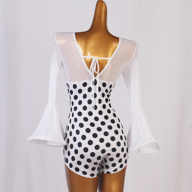 Latin Dance Leotard Polka Dot Chiffon Bell Sleeve Bodysuit in White Polka Dot, back view