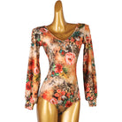 Latin Dance Leotard Sheer Floral Print V Neck Long Sleeve Bodysuit in Rose Floral, front view