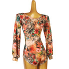 Latin Dance Leotard Sheer Floral Print V Neck Long Sleeve Bodysuit in Rose Floral, back view