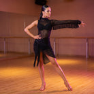 Black Latin Dance Dress Sheer Mesh One Sleeve Ring Fringe