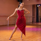 Red Latin Dance Dress Rhinestone Trim Draped Fringe Wrap