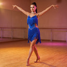 Blue Latin Dance Dress Pearl Trim Tiered Fringe Cutout