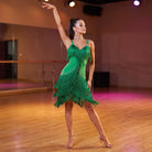 Green Latin Dance Dress Fringe Bodice Tiered Skirt Rhinestone