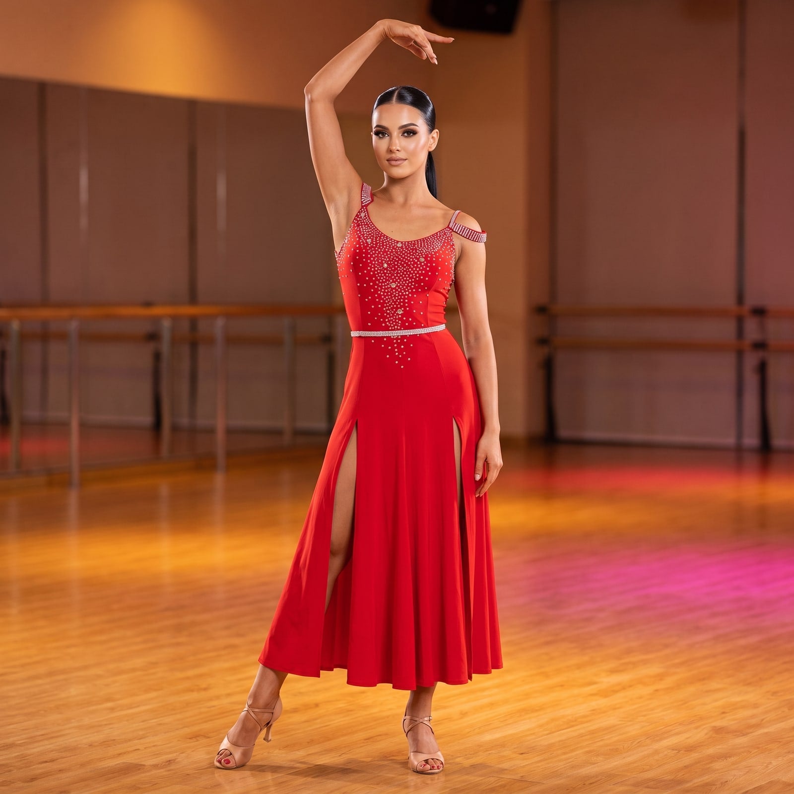 Red Latin Dance Dress Rhinestone Bodice Flared Skirt Slits
