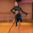 Teal Print Latin Dance Dress Mesh Sleeve Fringe Wrap Skirt
