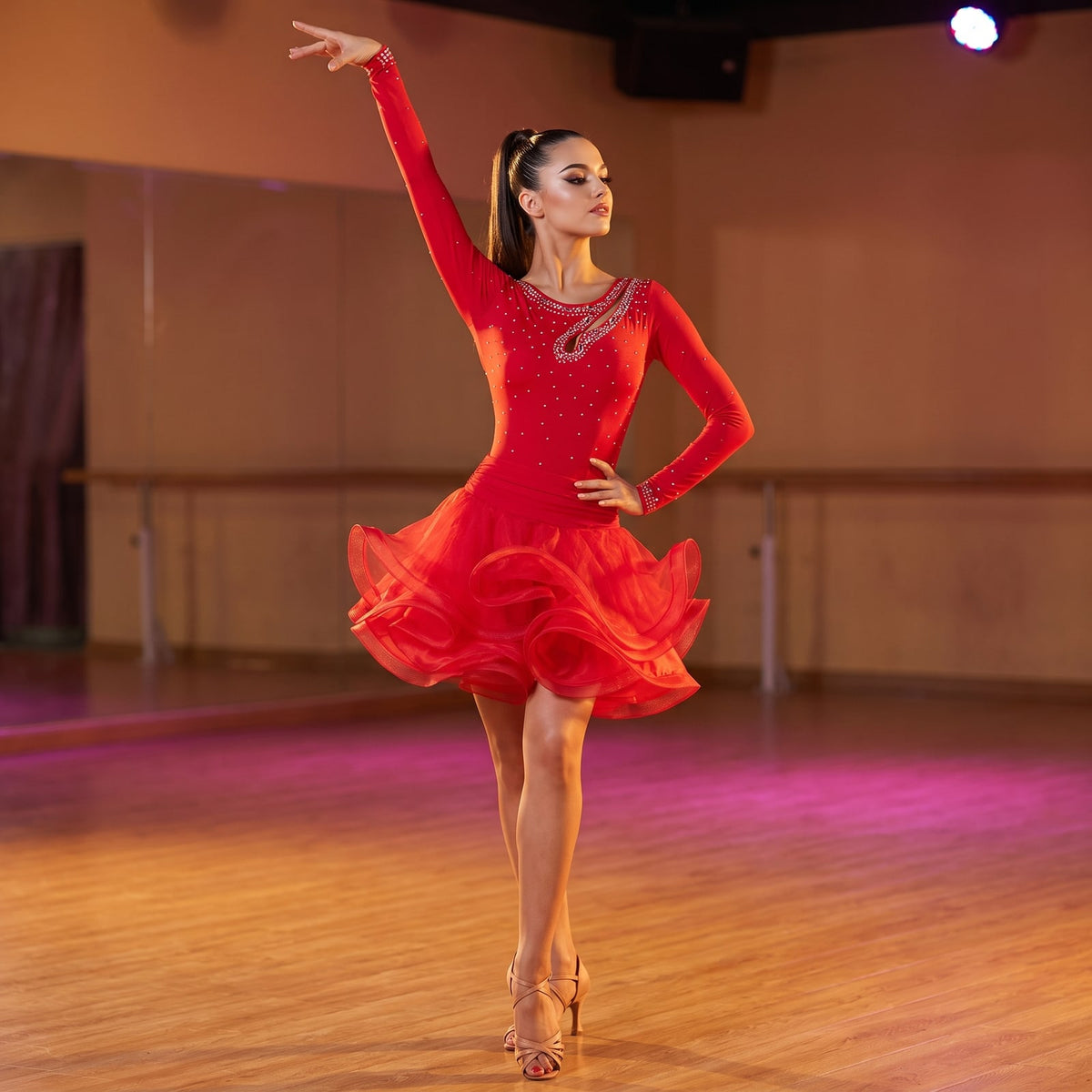 Rhinestone Latin Salsa Dance Dress Long Sleeve Keyhole Ruffle Skirt