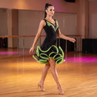 Floral Applique Latin Salsa Dance Dress V Neck Curled Ruffle Skirt