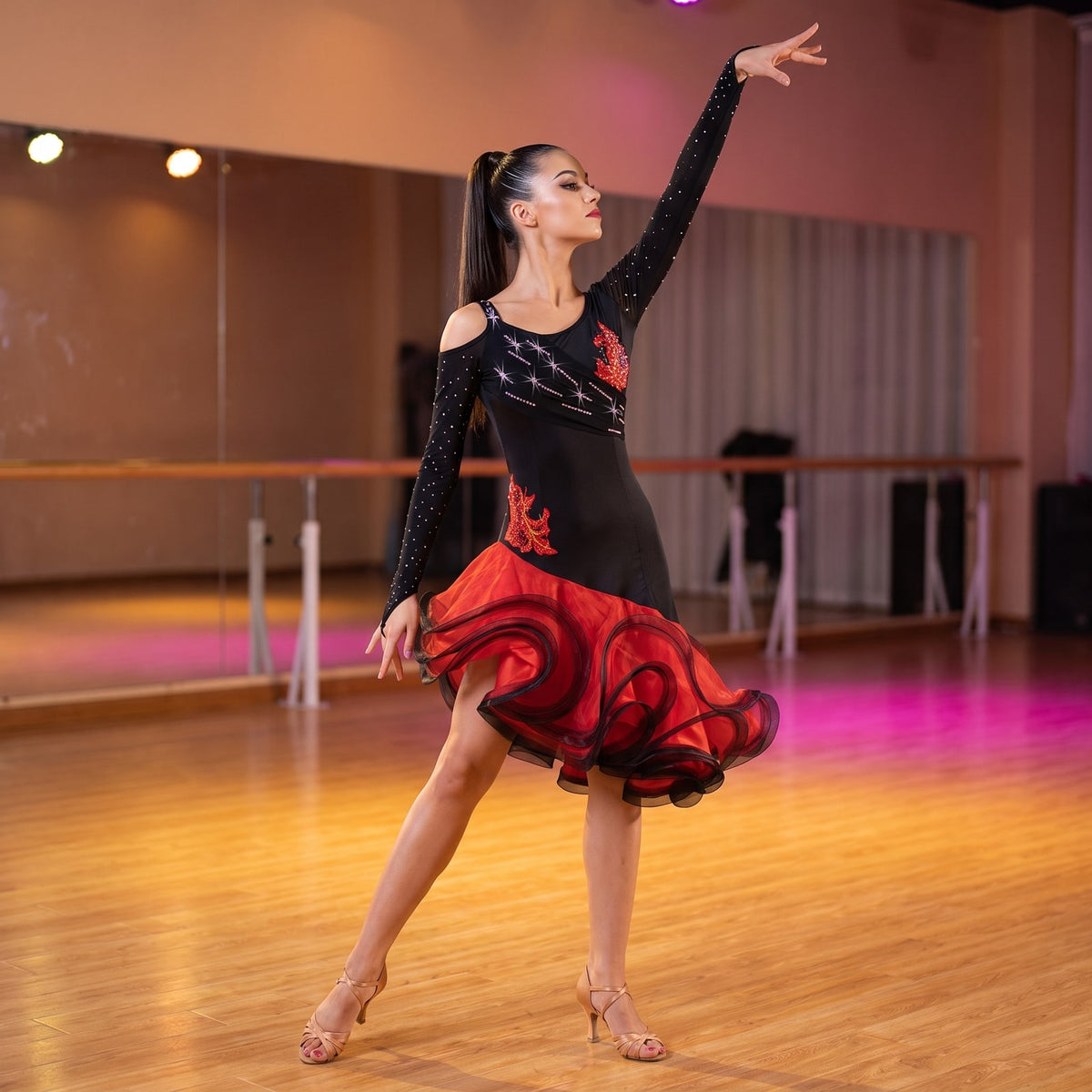 Black Red Latin Salsa Dance Dress Rhinestone Applique Ruffle Skirt