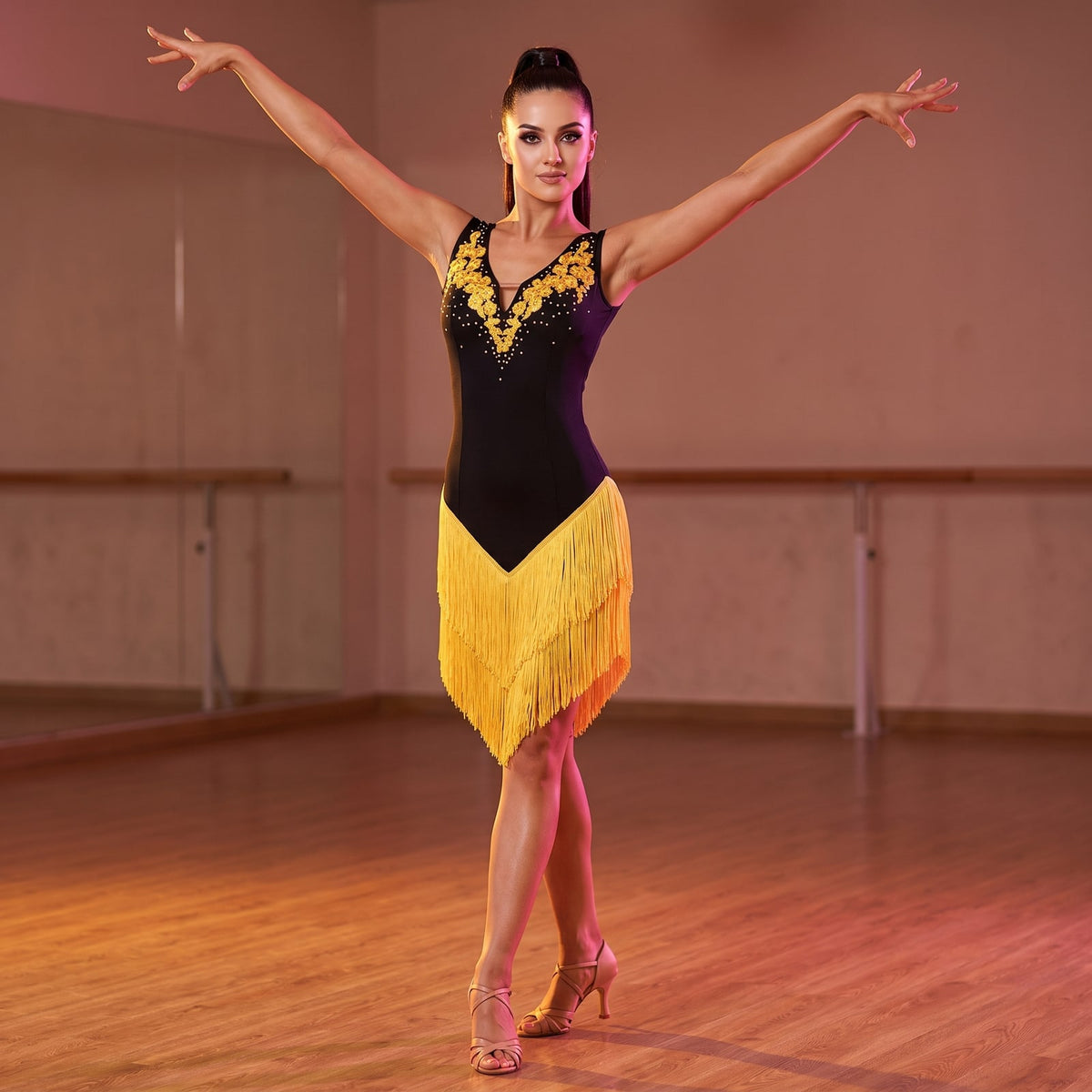 Applique Latin Salsa Dance Dress V Neck Contrast Fringe Skirt