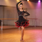 Crystal Starburst Latin Salsa Dance Dress Long Sleeve Red Ruffle Skirt