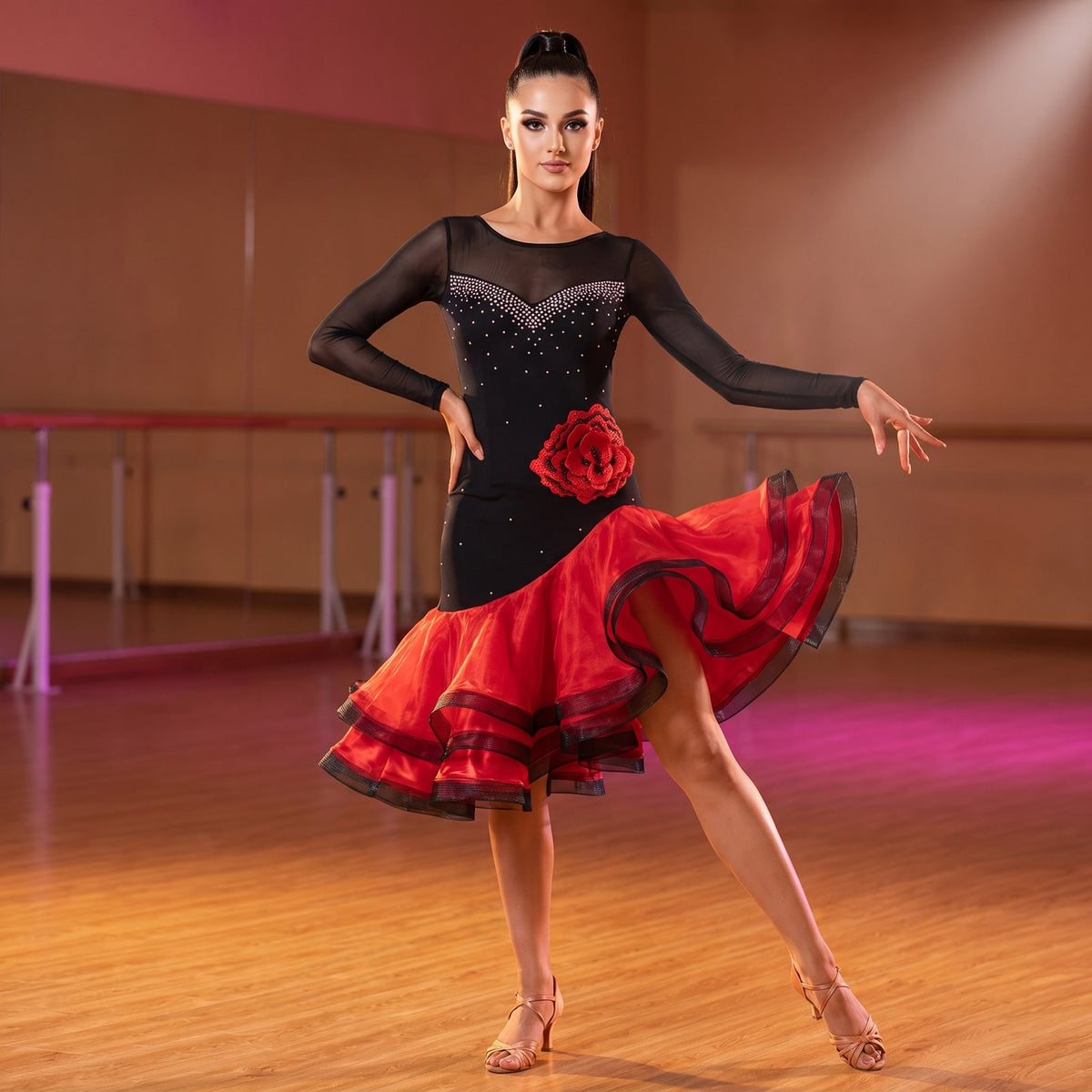 Rose Corsage Latin Salsa Dance Dress Mesh Yoke Crystal Bodice