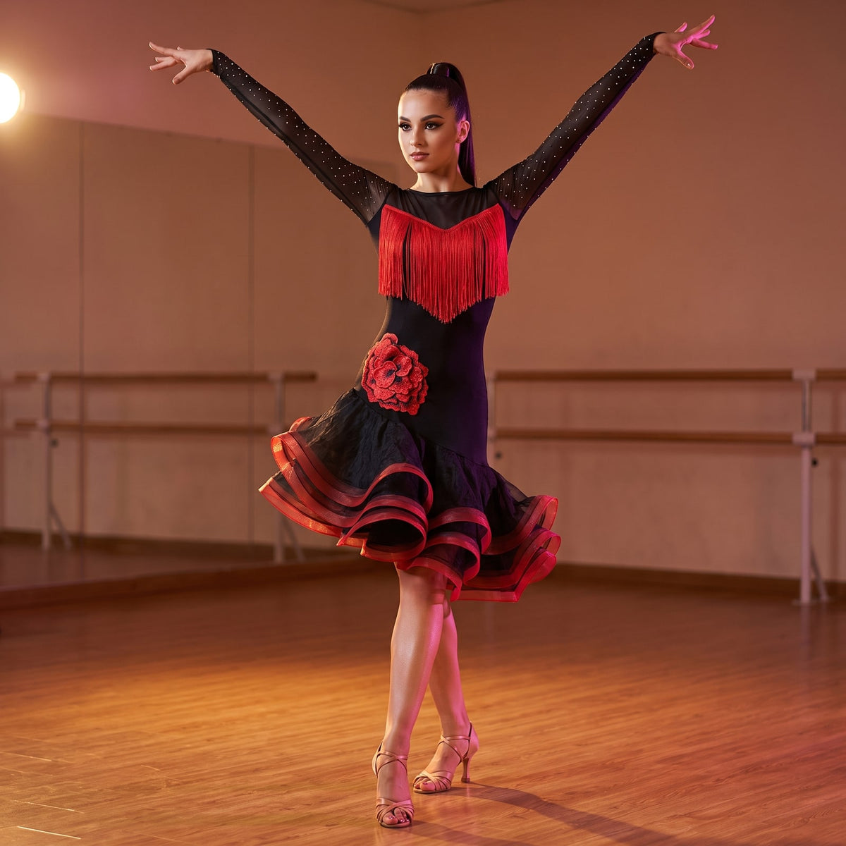 Red Fringe Latin Salsa Dance Dress Mesh Yoke Rose Corsage