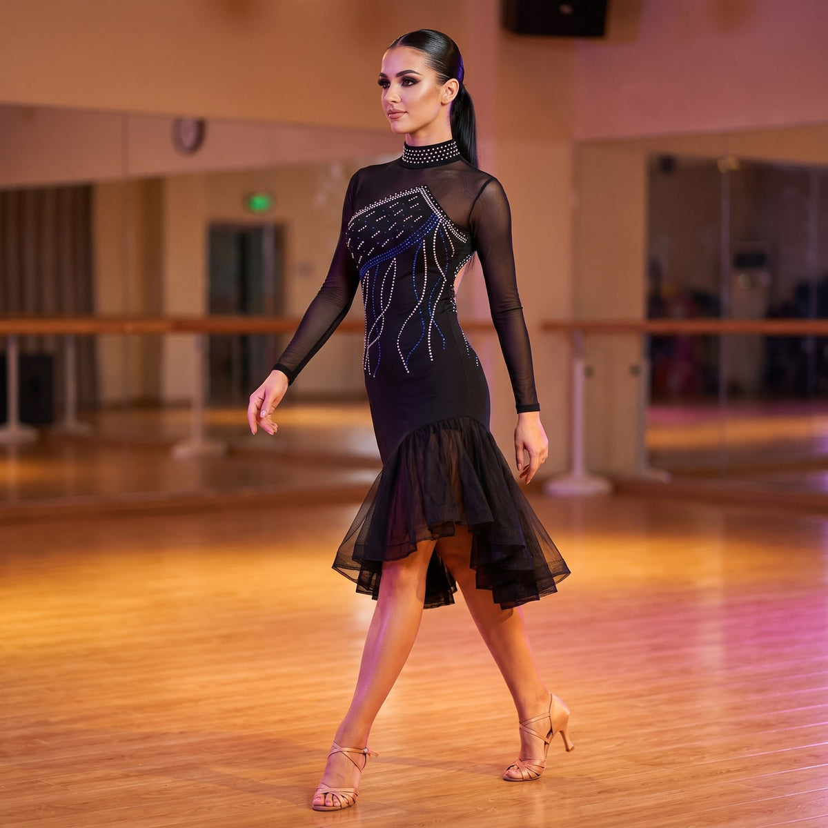 Blue Crystal Latin Salsa Dance Dress High Collar Open Back